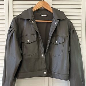 Olive green jacket. Puffy sleeves. Perfect finish. Worn twice. Right length.